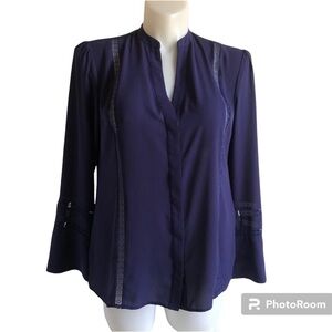 The Limited Blouse Top Size L Blue V-Neck Button Front Bell Sleeve Polyester